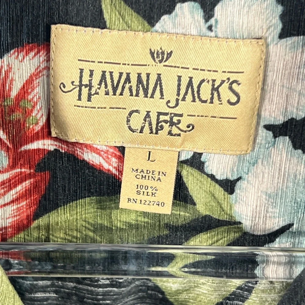 Havana Jacks Cafe Mens Large Black Silk Floral Tropical Hibiscus Camp Shirt L
